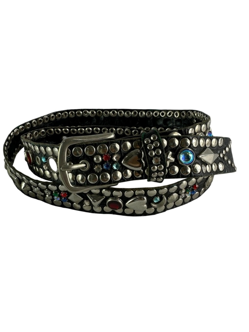 Vintage Black Genuine Leather Belt Double Grommet Rhinestones  Belt Unisex 34